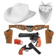 KOVBOJSKÝ OUTFIT KLOBÚK BIELY TEXAS BANDAMA POUZDRO 2 REVOLVERY + ČIAPKY