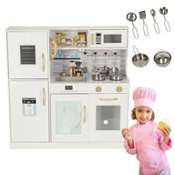 Kuchynka, detský sporák so štýlovou chladničkou + hrnce a doplnky